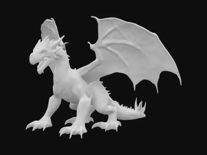 3D model for  A giant four legged black and dark blue dragon with strong claws and giant wings glowing purple, purple scales running down its back, giant reptile jaws with sharp teeth, 4k textures, high detail, good symethry, game asset