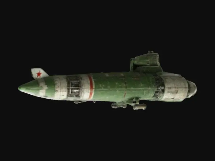 3D model for An old soviet space ship, military green, with old rocket engines, ditry and sturdy, 4k textures, high quality, good symethry