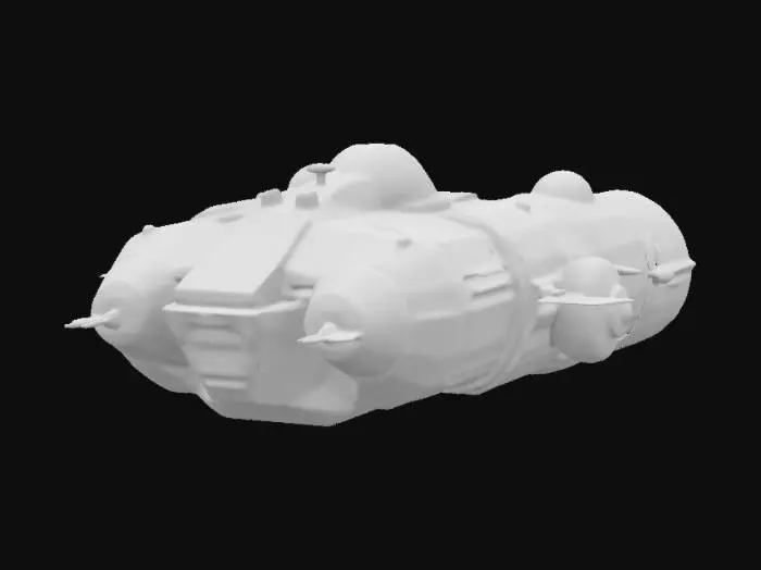 3D model for An old american cargo spaceship, with large rocket engines, cockpit and armour plating, silver and yellow, dusty, high detail, 4k textures