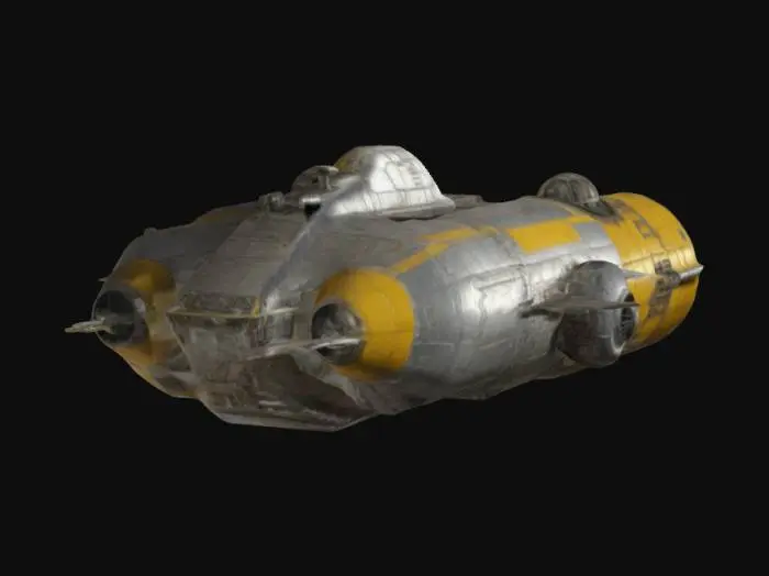 3D model for An old american cargo spaceship, with large rocket engines, cockpit and armour plating, silver and yellow, dusty, high detail, 4k textures