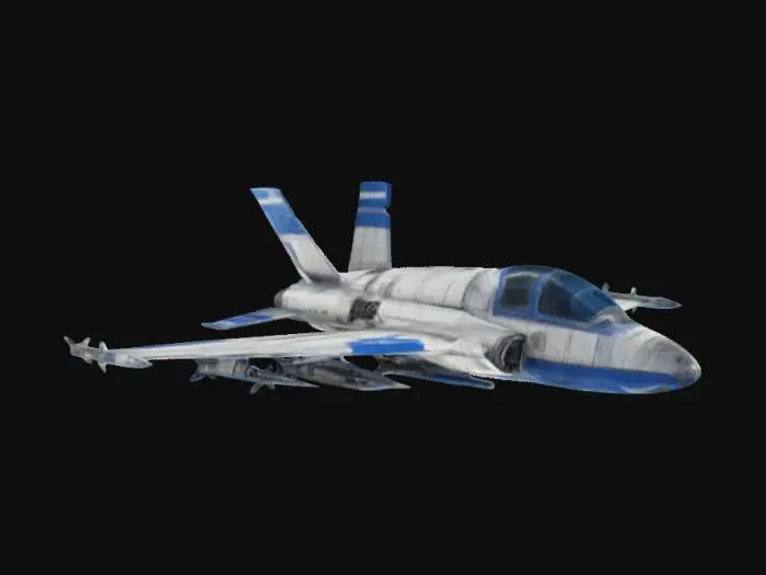 3D model for An old american space fighter ship, aerodynamic, with two sleek wings, bubble cockpit and two miniguns at the wings, two small rocket engines, blue and white, military, 4k textures, high quality, good symethry