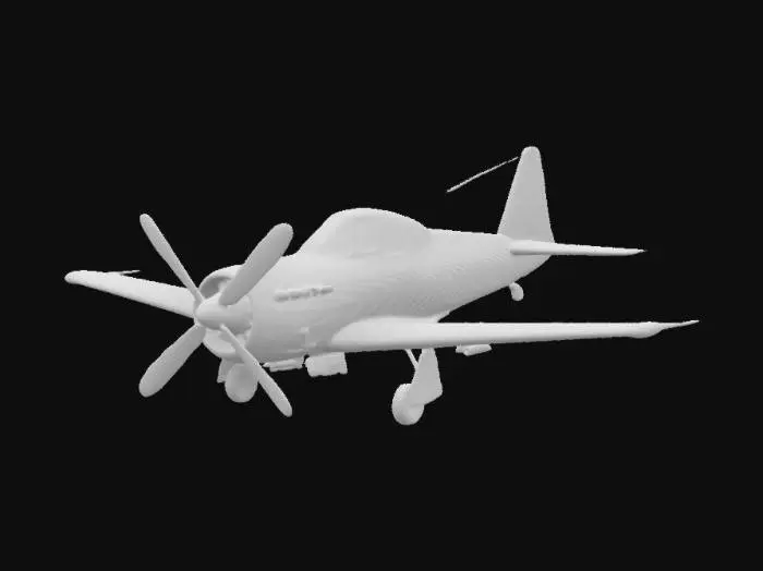 3D model for an old british WWII fighter plane, with two long wings, large engine and a propeler, cockpit, british camo, RAF markings, guns, good symethry, 4k textures, high detail