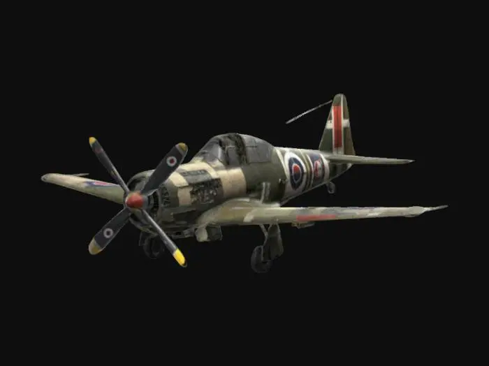 3D model for an old british WWII fighter plane, with two long wings, large engine and a propeler, cockpit, british camo, RAF markings, guns, good symethry, 4k textures, high detail