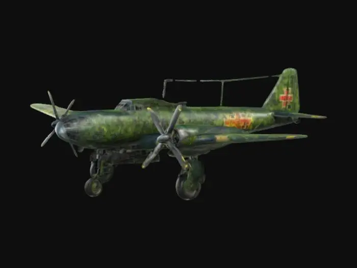 3D model for an old german WWII double engine bomber plane, heavy, aerodynamic, guns, dark green german camo, high detail, 4k textures, good symethry
