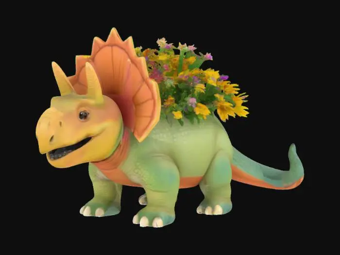 3D model for a flower pot shaped like a little triceratops with bunch of beautifull garden flowers in it, detailed, big, 4k textures, no bad mesh, #garden#