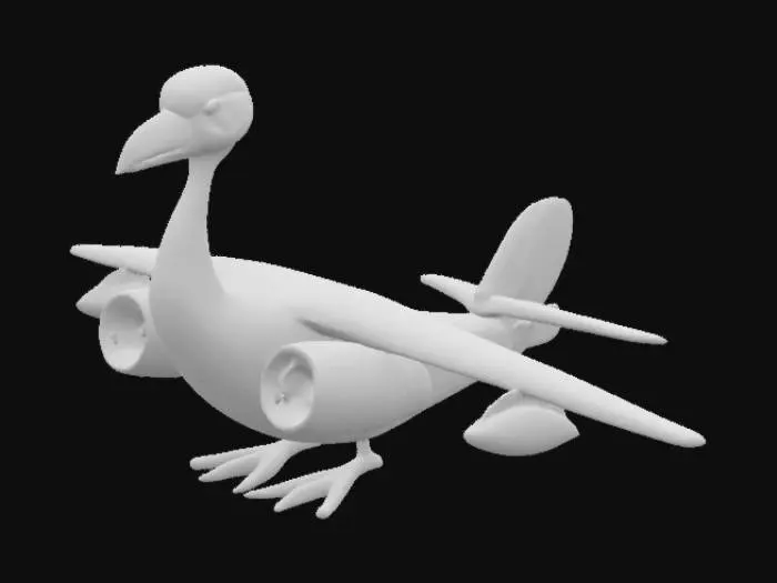 3D model for Bombombini Gussini, an big cargo plane with realistic goose head and large goose wings, two big jet engines under them and big orange goose feet, and an airplane tail, meme, good quality, good symethry, good mesh