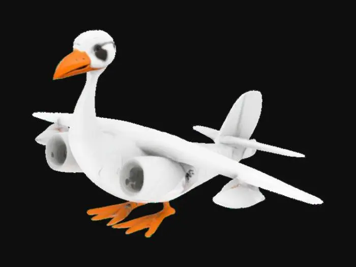 3D model for Bombombini Gussini, an big cargo plane with realistic goose head and large goose wings, two big jet engines under them and big orange goose feet, and an airplane tail, meme, good quality, good symethry, good mesh