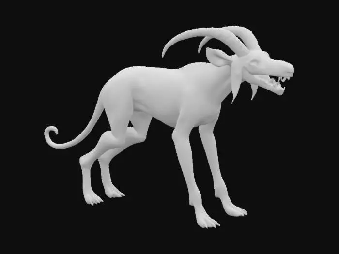 3D model for Chupacabra, an big hairless dog and goat hybrid creature, with hairless black and brown skin, very long goat like leggs, rat like tail and dog like head with long jaws and bright red eyes, detailed, realistic, 4k textures, good symethry, good mesh