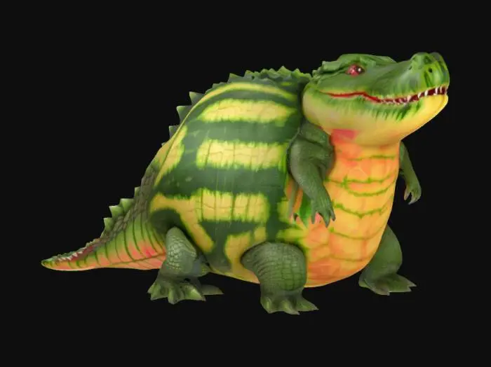 3D model for Glorbo Glorbo Frutodrilo, a big roundy watermellon with realistic crocodile head, small crocodile leggs and crocodile tail, roundy, hybrid, meme, good symethry, 4k textures, good mesh