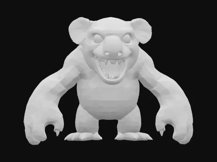 3D model for Drop Bear, a giant koala, with gorilla arms, giant mouth full of teath, big koala nose, yellow eyes and grey fur with red and orange spots , good quality, 4k textures, good symethry, monster