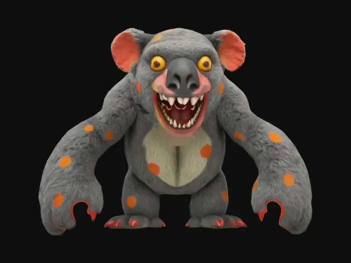 3D model for Drop Bear, a giant koala, with gorilla arms, giant mouth full of teath, big koala nose, yellow eyes and grey fur with red and orange spots , good quality, 4k textures, good symethry, monster