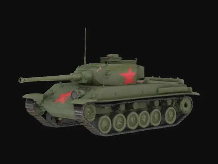 3D model for t-34, soviet WWII medium tank, with slopped armour, wide tracks, medium sized 76mm gun, dark military green with red star, good symethry, good mesh, detailed, 4k textures