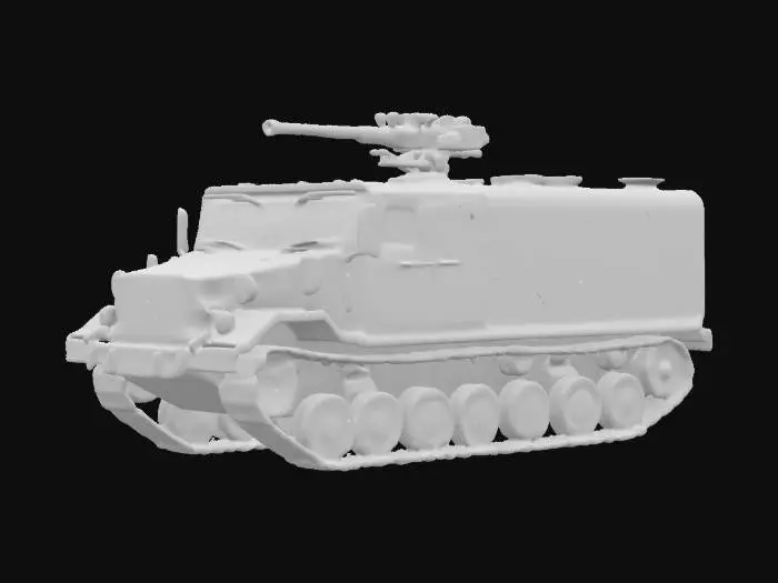 3D model for American infantry transport vehicle, tracked, boxy, with hatch on the back and minigun on its roof, green and brown vietnam era camo, realistic, detailed, good mesh, 4k textures, good symethry, army, military