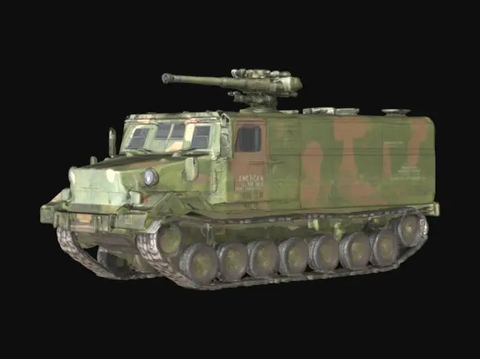 3D model for American infantry transport vehicle, tracked, boxy, with hatch on the back and minigun on its roof, green and brown vietnam era camo, realistic, detailed, good mesh, 4k textures, good symethry, army, military