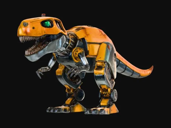 3D model for a mechanical dinosaur robot, retrofuturistic, 60s style, tyranosaurus body, large mechanical legs, two small arms, big robotic head with sharp metal teeth, green glowing eyes, yellow and silver body with rust and scratches, pipes on its back, high quality, good mesh, high quality textures, retro style