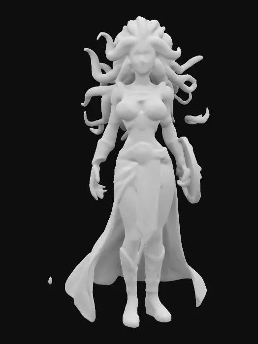 3D model for A hot beautifull warior lady with teal colored skin, trntacle like hairs, large bust, wide hips, tall, wearing light greek armor and robes, high heel sandals beautifull face, detailed, 4k textures, game asset, good symethry