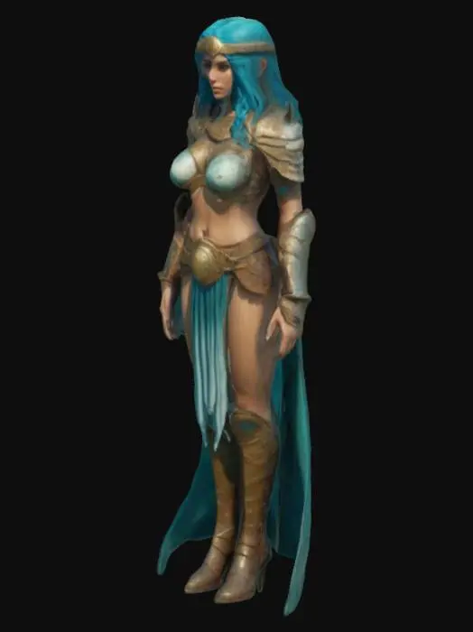 3D model for a beautifull, hot ancient underwater lady warior, large bust, wide hips, wearing ancient atlantean armour and robes, with blue water like hair, teal skin, beautifull face, tall, tall boots, 4k textures, game asset, game, detailed, good symethry