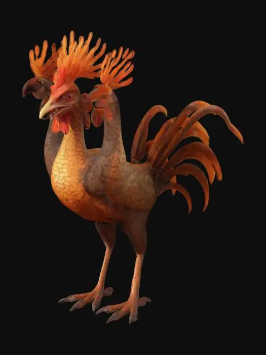 3D model for A long snake like chicken with six bird leggs, long feather tail, big red crest and sharp beak with many teeths, dragon like wings, with brown and orange feathers, high quality, 4k textures, good symethry, game asset