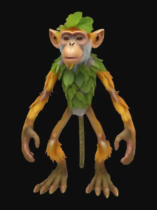 3D model for Brrrr Patapim, an proboscic monkey tree hybrid, with large head, big nose, body made out of leaves, two giant tree like feet and small branch hands, funny, meme, 4k textures, good symethry