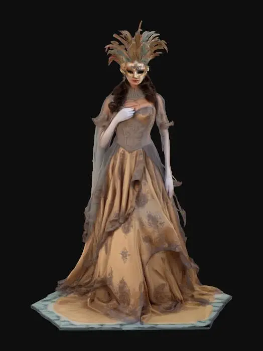 3D model for beautifull stuning woman wearing venice carnival mask, venice carnival costume, bustle gown, and decorated headpiece, dark brown hair, detailed face, tall posture, wide hips, short veil cape, elegant, festive, 4k textures, good symethry