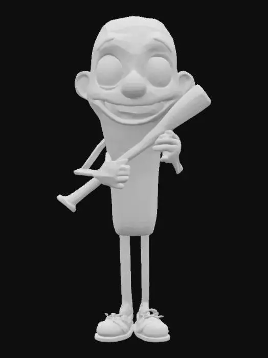 3D model for Tung Tung Tung Sahur, an baseball bat made from wood with cartoony face, big eyes, big nose and smile, with two skinny leggs, and two cartoony hands, holding another baseball bat, made out of wood, meme, good texture, good symethry, good mesh