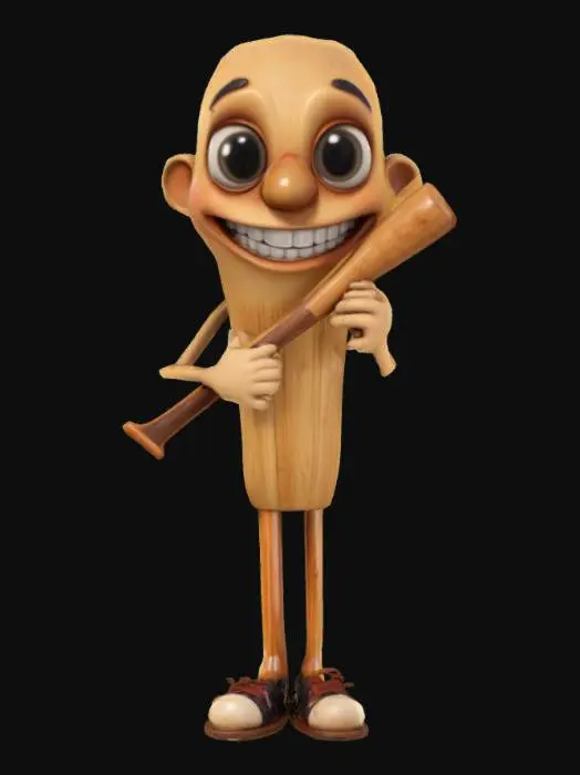 3D model for Tung Tung Tung Sahur, an baseball bat made from wood with cartoony face, big eyes, big nose and smile, with two skinny leggs, and two cartoony hands, holding another baseball bat, made out of wood, meme, good texture, good symethry, good mesh