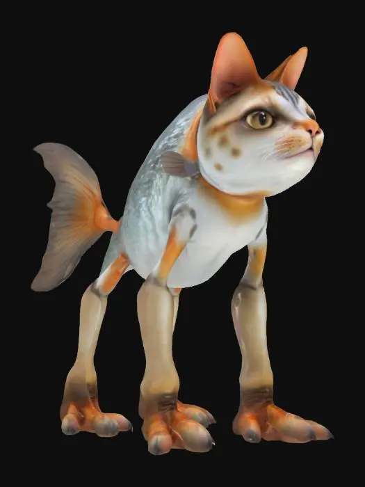 3D model for Trulimero Trulicina, a realistic fish with cat head, cat ears and four realistic humanoidal legs with big feet, silver and brown in colour, realistic, good mesh, high quality, meme, good symethry, hd textures