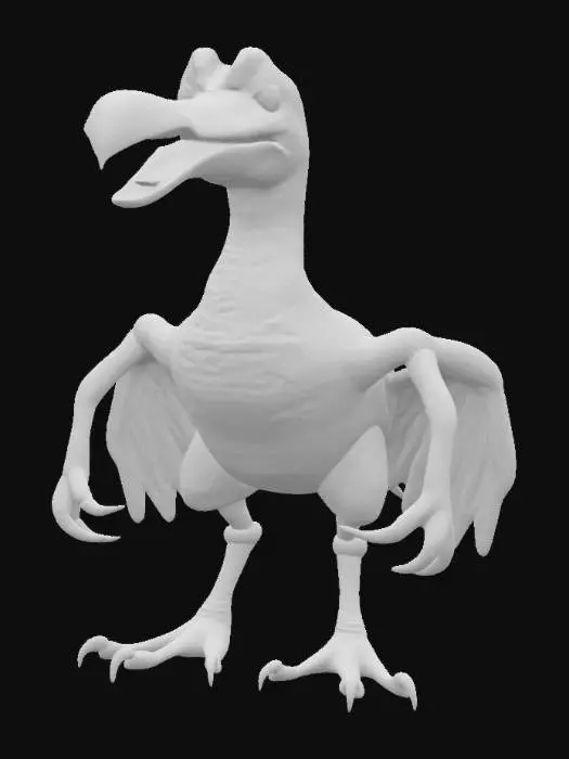 3D model for a giant seagul and dinosaur hybrid, with big seagul beak, two sloth like massive arms with claws, big body, two strong raptor legs and dinosaur tail, white and orange, realistic, good quality, monster, 4k textures, good mesh, good symethry
