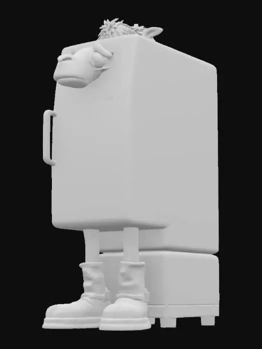 3D model for Frigo Camello, a big white fridge with realistic sad camel head, two long skinny legs wearing two giant brown boots, realistic, meme, high quality, good mesh, 4k textures, good symethry