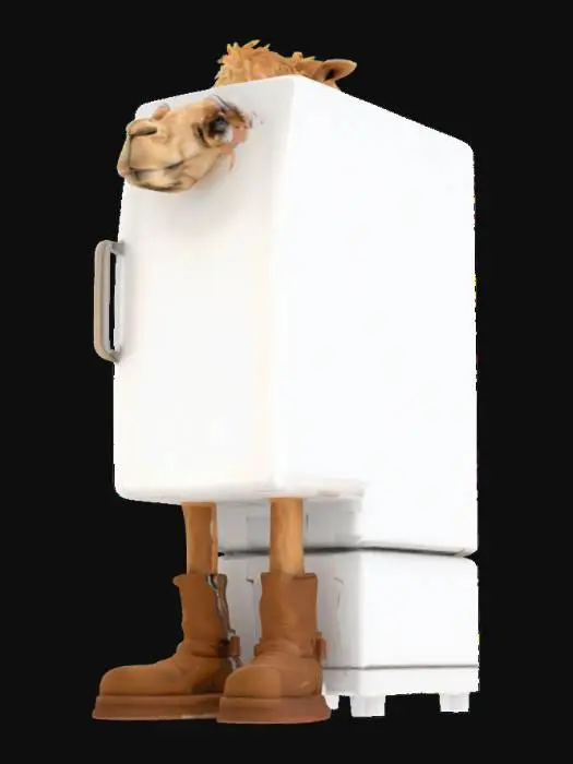 3D model for Frigo Camello, a big white fridge with realistic sad camel head, two long skinny legs wearing two giant brown boots, realistic, meme, high quality, good mesh, 4k textures, good symethry