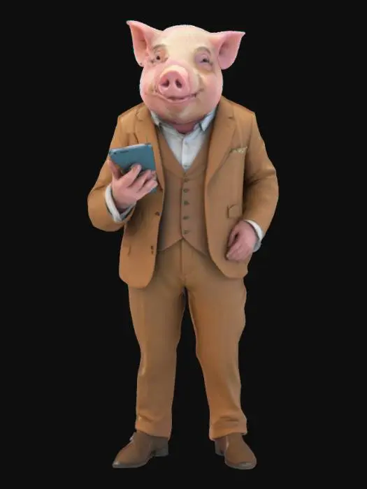 3D model for John Pork, a humanoidal realistic pig, wearing elegant rich clothes and holding a phone, realistic, meme, good mesh, 4k textures, good symethry, full body