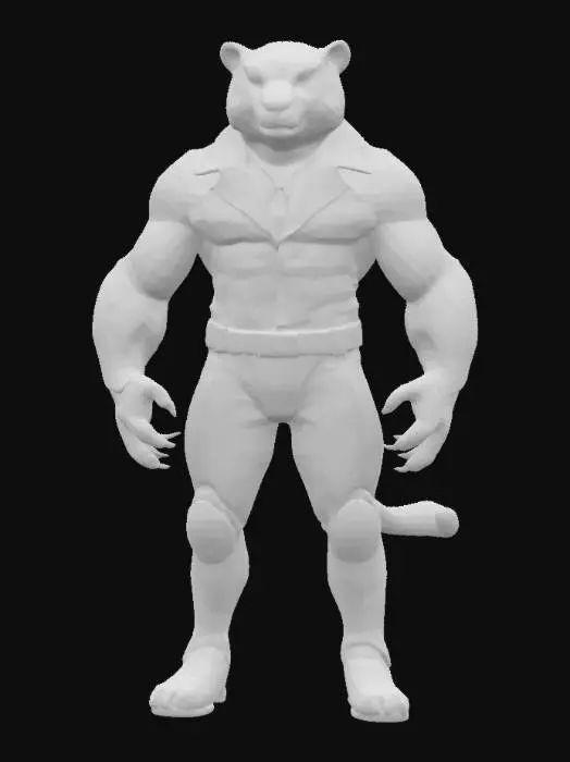 3D model for Simon Claw, a big muscular humanoidal black jaguar, wearing leather biker clothes and black and gold suit, tall, full body, good mesh, 4k textures, good symethry