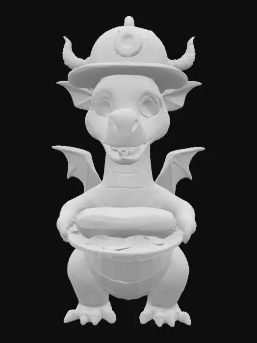 3D model for [Kraków] Big funny Wawelski dragon, wearing Kraków hat with peacok feather, holding plate with krakowska sausage, full body, 4k textures, good mesh, good detail, good symetry, detailed head, detailed hands, cute, funny, Poland , #AroundTheWorld#