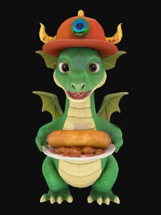 3D model for [Kraków] Big funny Wawelski dragon, wearing Kraków hat with peacok feather, holding plate with krakowska sausage, full body, 4k textures, good mesh, good detail, good symetry, detailed head, detailed hands, cute, funny, Poland , #AroundTheWorld#