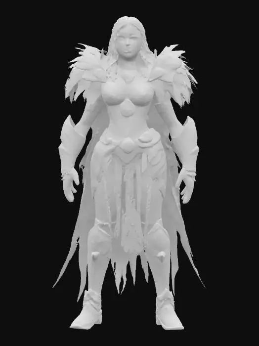 3D model for a beast tamer woman, wearing fantasy armour made out of feathers and reptile scales, full body model, beautiful detailed face, long bushy brown hair, wide hips, tall posture, big armoured boots, 4k textures, fantasy, good mesh, high quality, good symethry