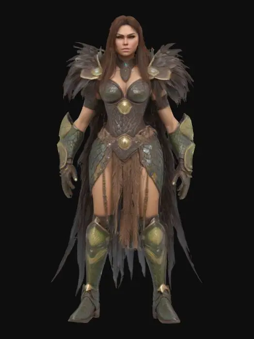 3D model for a beast tamer woman, wearing fantasy armour made out of feathers and reptile scales, full body model, beautiful detailed face, long bushy brown hair, wide hips, tall posture, big armoured boots, 4k textures, fantasy, good mesh, high quality, good symethry