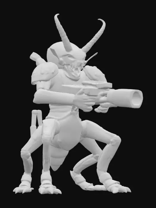 3D model for #PBR#, a giant insectoidal alien warior, massive, with four sturdy leggs, horned head with big jaws and two hands holding an alien blaster, blue and white, monster, armoured, 4k textures, good mesh, good symethry