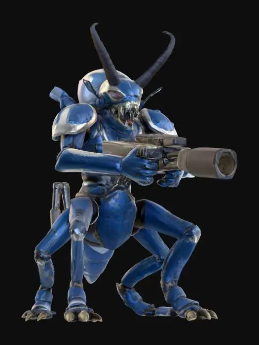 3D model for #PBR#, a giant insectoidal alien warior, massive, with four sturdy leggs, horned head with big jaws and two hands holding an alien blaster, blue and white, monster, armoured, 4k textures, good mesh, good symethry