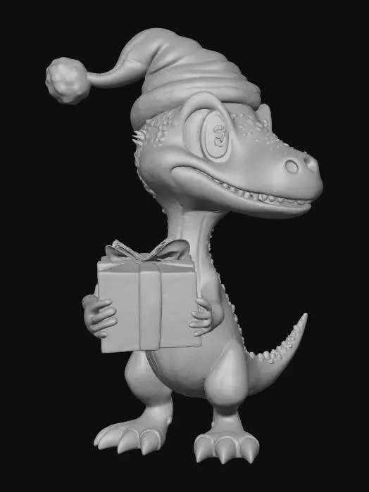 3D model for #Christmas2025#,  A red and green cartoon velociraptor wearing santa hat and holding yellow present, cartoony, colorfull, festive, good mesh, high quality, dinosaur