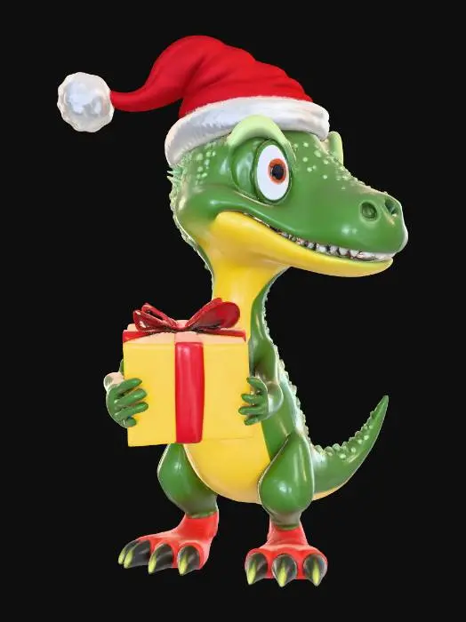 3D model for #Christmas2025#,  A red and green cartoon velociraptor wearing santa hat and holding yellow present, cartoony, colorfull, festive, good mesh, high quality, dinosaur