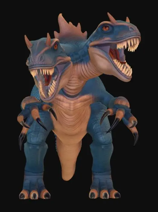 3D model for A giant beast with body of an allosaurus, with big head, giant jaw full of shapr teeth, insect like eyes, compound eyes, 4 small horns on its head, two scorpion arms with huge pincers, two strong dinosaur leggs with 3 fingers, long manta like tail with sharp stinger on its tip, blue and brown skin, armoured skin, fantasy style, ggod mesh, good texture, symethrical, beast, monster