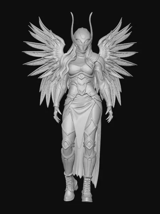 3D model for a beautifull female cyberpunk warior, curvy, with very long black hair wearing technologicaly advanced silver, red and yellow neon style armour, futuristic helmet and futuristic venice carnival style mask made out of metal, with angel like wings made out of titanium  and pure energy, wide hips, cyberpunk style, futuristic, good mesh, high quality, full body