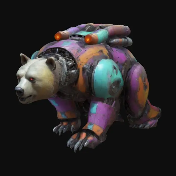3D model for a ghostly, spooky mechanical bear, ghostly colors, with rockets on his back, mighty, big, 4k textures, high detail, good symethry