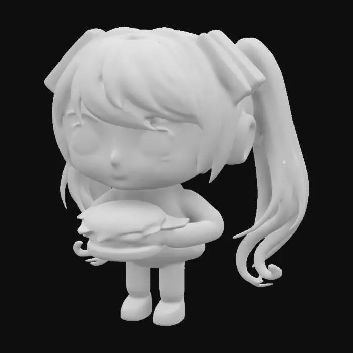 3D model for tiny cute hatsune miku holding an hamburger, cute, chibi, blue hair, 4k textures, good symethry