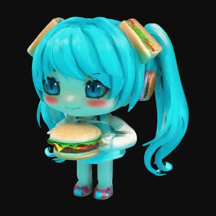 3D model for tiny cute hatsune miku holding an hamburger, cute, chibi, blue hair, 4k textures, good symethry