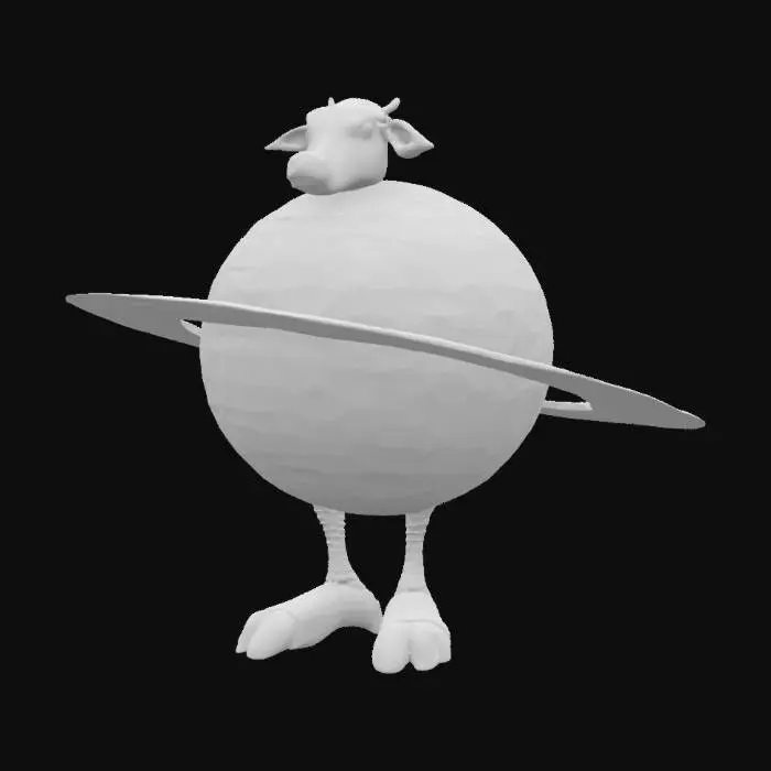 3D model for La Vacca Staurno Saturnita, a big planet saturn with realistic cow head and two skinny leggs with giant human like feet, big, 4k textures, meme, good symethry, good mesh
