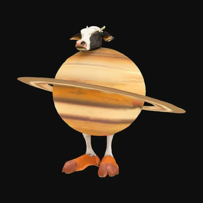 3D model for La Vacca Staurno Saturnita, a big planet saturn with realistic cow head and two skinny leggs with giant human like feet, big, 4k textures, meme, good symethry, good mesh