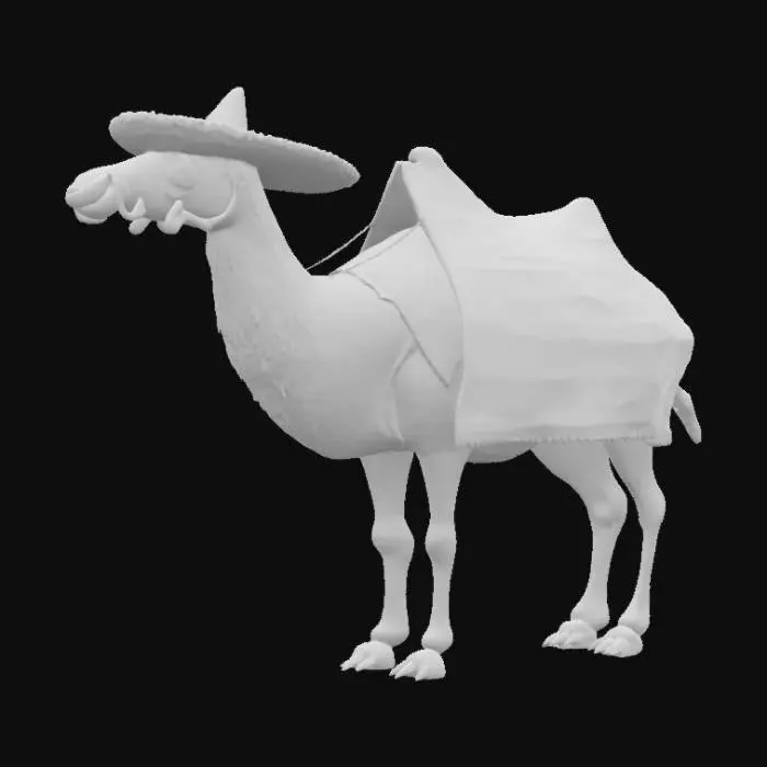 3D model for Tob Tobi Tob, an mexican camel with many many long leggs, wearing sombrero, mexican cape and pair of long moustache, realistic, good symethry, good mesh, 4k textures, meme