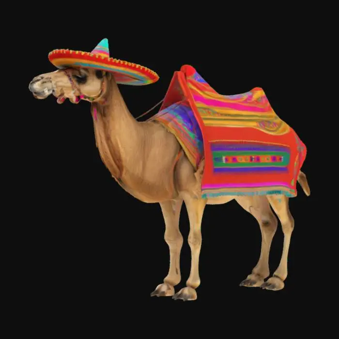 3D model for Tob Tobi Tob, an mexican camel with many many long leggs, wearing sombrero, mexican cape and pair of long moustache, realistic, good symethry, good mesh, 4k textures, meme