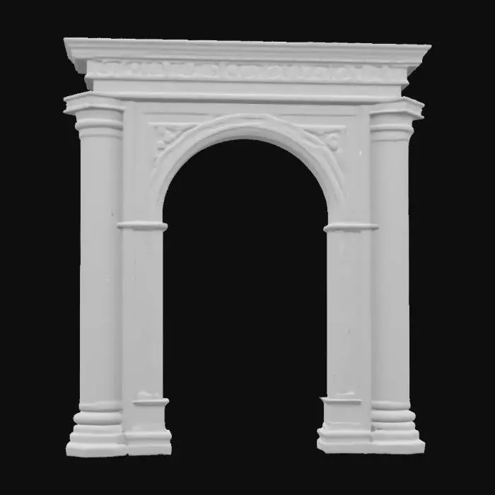 3D model for #arch#, an ancient greek arch of triumph with cyberpunk elements, made out of white chiseled marble and futuristic silver metal elements with symethrical blue neon paterns, ancient and futuristic mix, columns, high quality, good symethry, good mesh, 4k textures